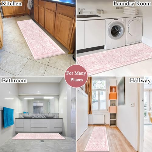 2x6 ft Pink Vintage Shaggy Runner Rug, Non-Slip Washable Boho Kitchen Mat