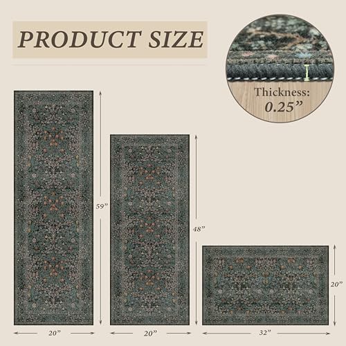 3-Piece Vintage Botanical Kitchen Rug Set, Washable Non-Slip Floor Mats