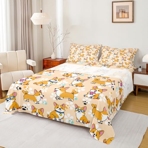 Homewish Wws9405 Full Corgi Sheet Set - Kids Cartoon Dog Paw Bedding, 4pcs