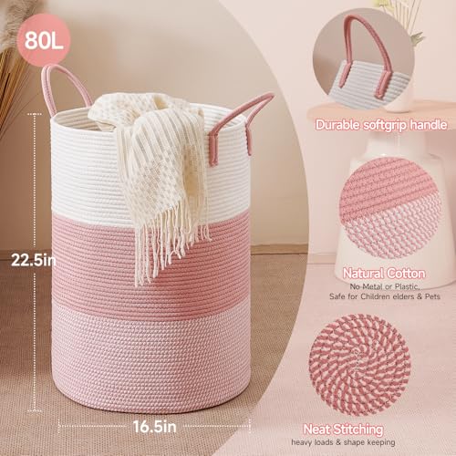 80L Large Cotton Rope Laundry Basket - Decorative Pink Storage Bin