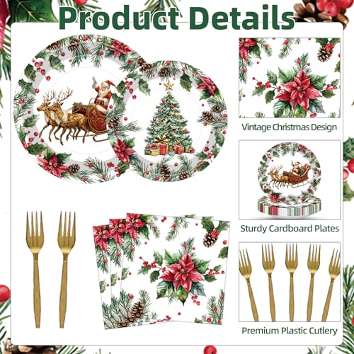 Vintage Christmas 100 Pcs Disposable Tableware Set – Serves 25, Santa Sleigh & Tree Plates, Napkins & Gold Forks (Tedercle, Variation: Vintage Christmas)