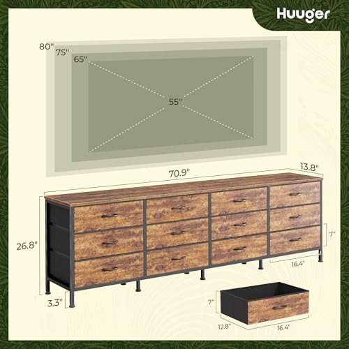 70-Inch Wide Dresser and TV Stand with 12 Fabric Drawers, Rustic Brown