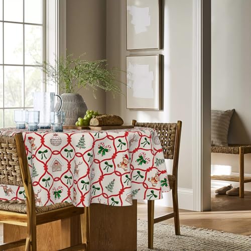 Christmas Round Tablecloth 90 x 90 Inch Teddy Bear House Deer Red