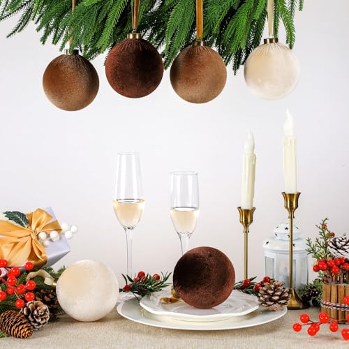 HyDren 6 Pcs Velvet Christmas Ornaments Beige Brown Mix 4 Inches - Holiday Tree Decor