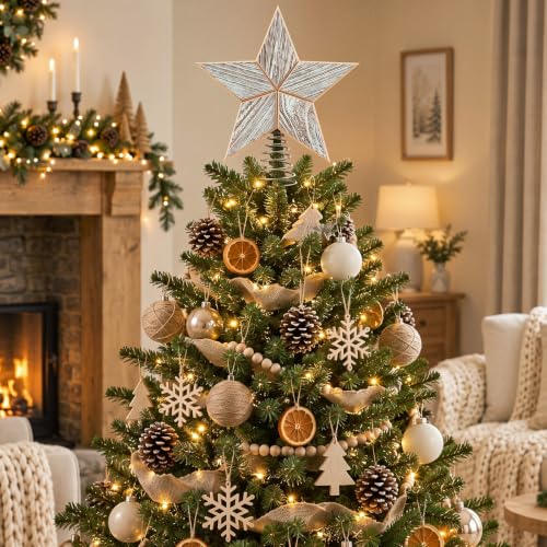 Farmhouse Christmas Star Tree Topper Wooden Decor 10 Inches - Gejoy