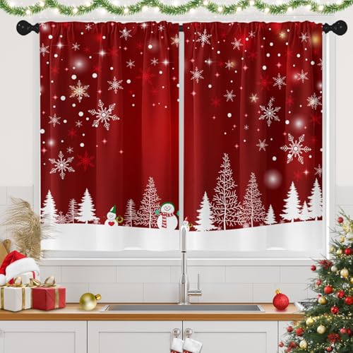 Tayney 2 Pack Christmas Kitchen Curtains 36in - Snowman Pattern, Polyester