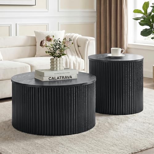 Round Nesting Coffee Table Set of 2 with Storage, Modern Fluted Wood Tables
