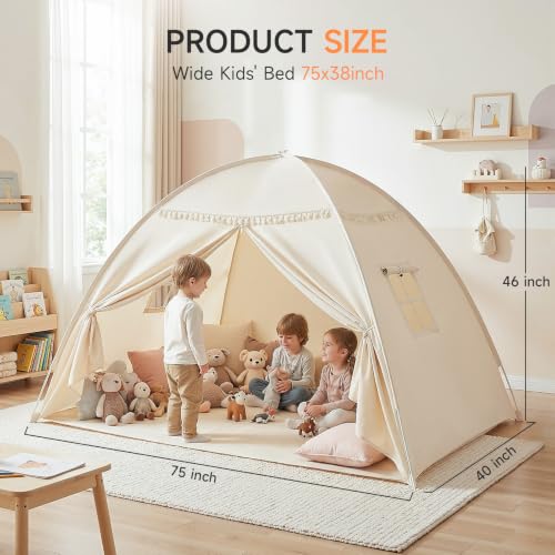 Kids Indoor Twin Bed Tent Canopy with Star Lights & Flags - Golden Beige