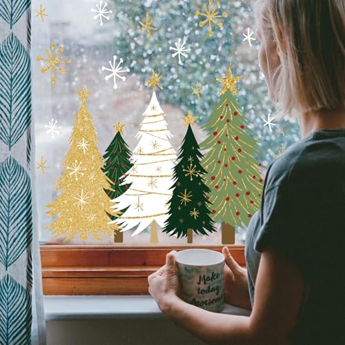Whaline 9 Sheets Christmas Window Clings - White Green Gold Xmas Tree & Snowflake Decor (White Green Gold Trees)
