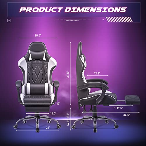 Ergonomic Gaming Chair with Footrest and Massage Lumbar Support - White