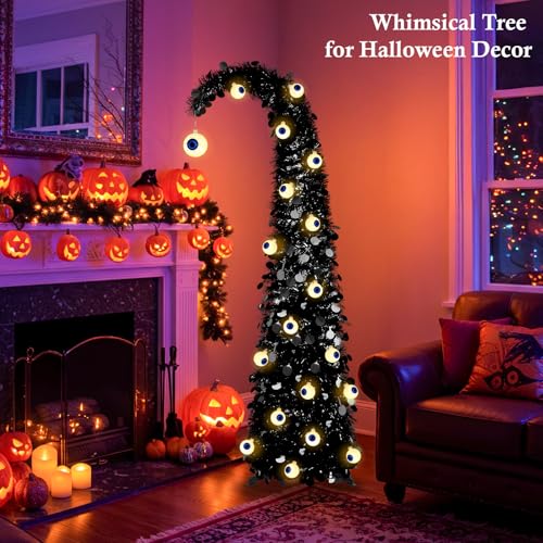 5FT Black Pop-Up Halloween Tree with Eyeball String Lights & Timer