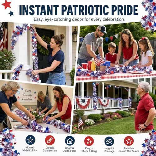 50ft Patriotic Red White Blue Metallic Tinsel Star Garland for 4th of July