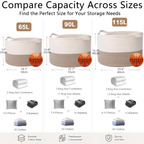 Large Cotton Rope Blanket Basket - 65L Collapsible Laundry Hamper & Storage Bin