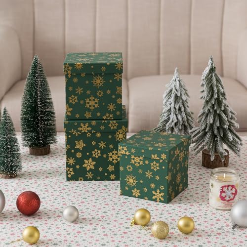Soul & Lane Christmas Nesting Gift Boxes with Lids - Emerald Snowfall Set of 3, Green Holiday Decor