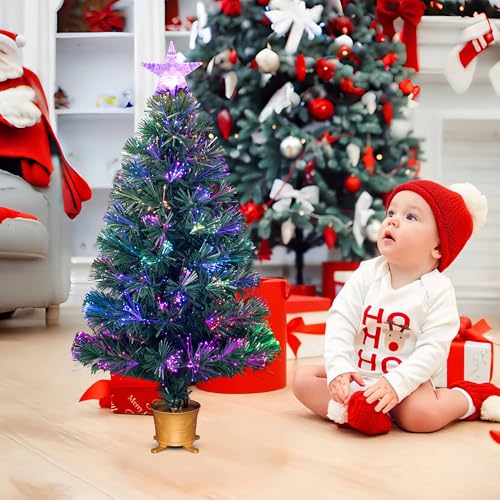 YUETJIN 32-Inch Green Pre-Lit Fiber Optic Christmas Tree with Transparent Variation