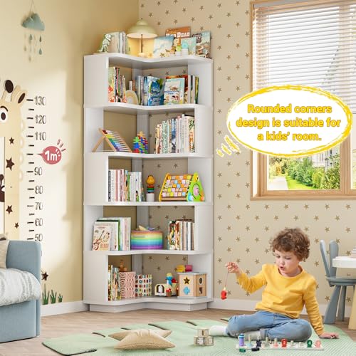 6-Tier L-Shaped Corner Bookshelf, Freestanding Wood Display Storage Stand