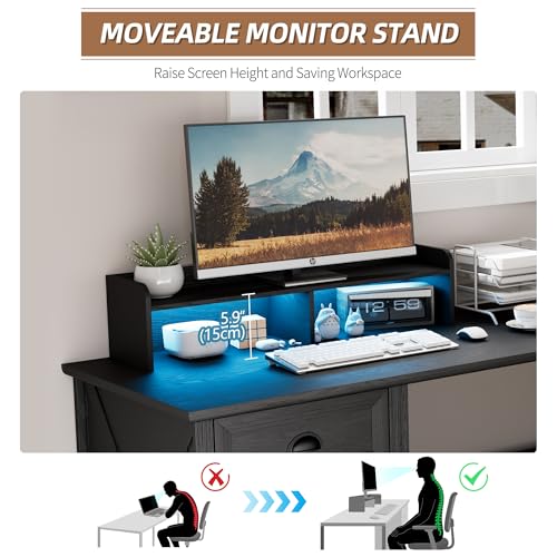 59-Inch L-Shaped Computer Desk with Drawers, LED Lights & Charging Station