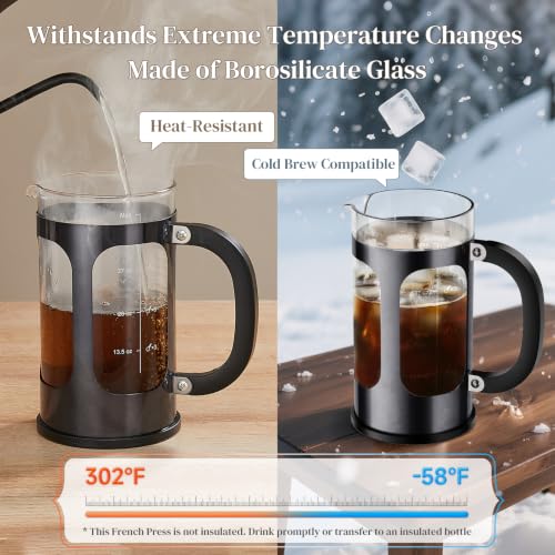 French Press Coffee Maker 34 oz - Plastic-Free Glass & Stainless Steel