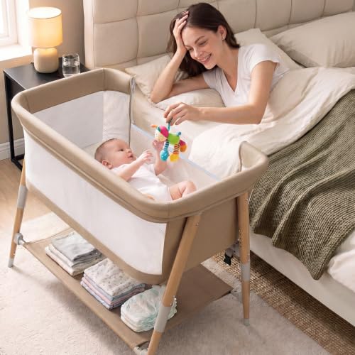 3-in-1 Portable Bedside Bassinet for Newborn with Storage & Wheels - Khaki