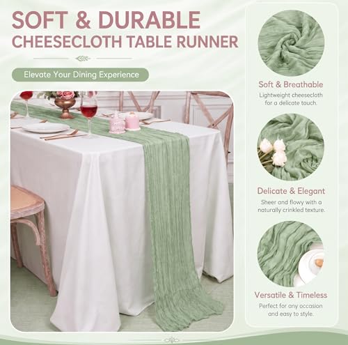 2 Pack Sage Green Cheesecloth Table Runner 17x108 Inch Boho Gauze Decor