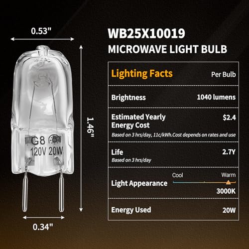 2-Pack Microwave Halogen Light Bulbs, 120V 20W G8 Bi-Pin Base