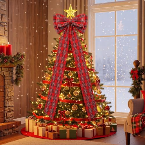 Large Christmas Plaid Bow 27.6 x 78.7 Inch Red Green Tree Topper Decor