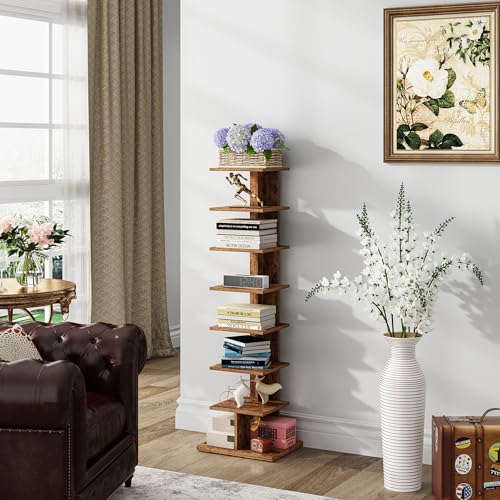 8-Tier Vertical Spine Bookshelf for Small Spaces, Narrow Corner Book Tower