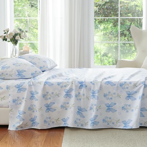 CCoutueChen Blue Bow & Floral Twin Sheet Set - Microfiber Bedroom Bedding