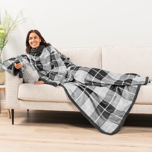 Wearable Blanket with Sleeves and Pocket, Soft Fleece Sherpa Throw Wrap