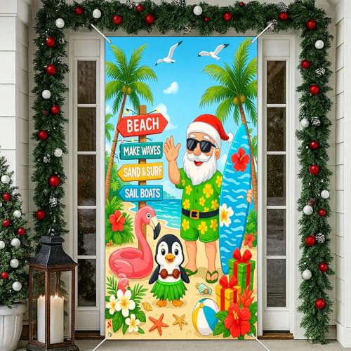 Christmas Surfboard Santa Door Cover Banner 71 x 35 Inches Holiday Decor