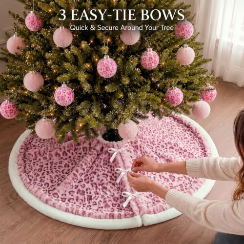 Relaxgiant 48 Inch Pink Leopard Christmas Tree Skirt Faux Fur Holiday Decor