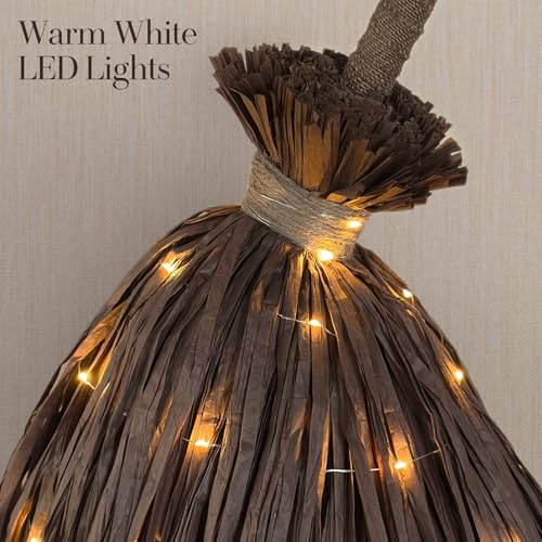 5.5 Ft Light-Up Witches Broom Rustic Halloween Decor with LED Lights