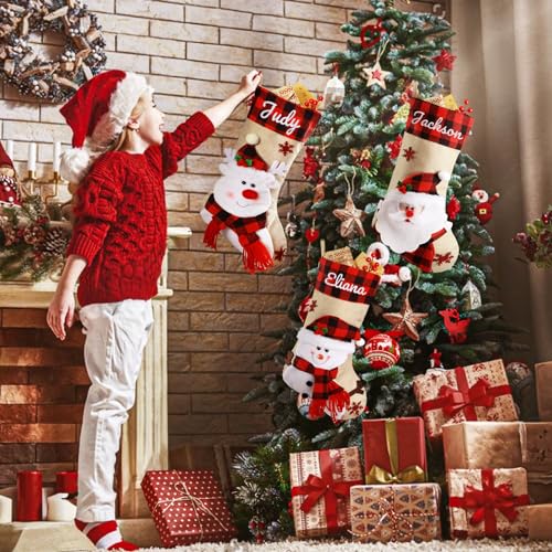 Personalized Christmas Stockings with Custom Name - 18.5" Burlap Plaid