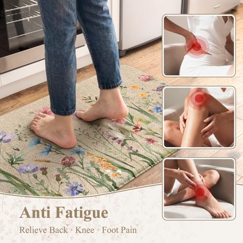 Anti-Fatigue Kitchen Mat Set, Cushioned Floral Floor Rugs 2-Piece