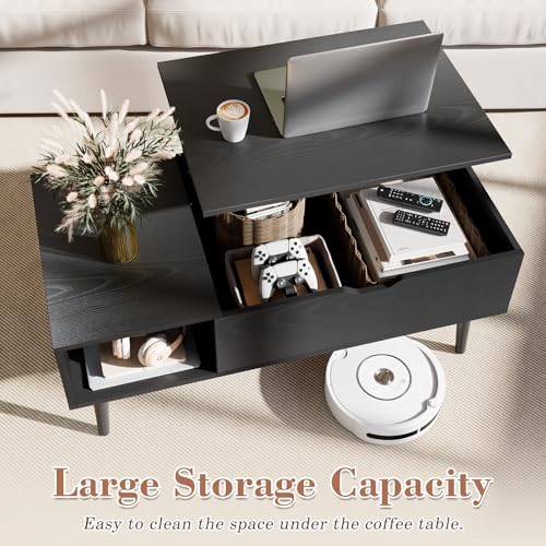 Lift Top Coffee Table with Hidden Storage Compartment and Side Shelves