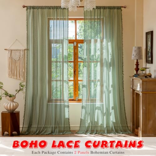 Sutuo Home Sage Green Boho Lace Sheer Curtains 2 Panels, 50x108 in