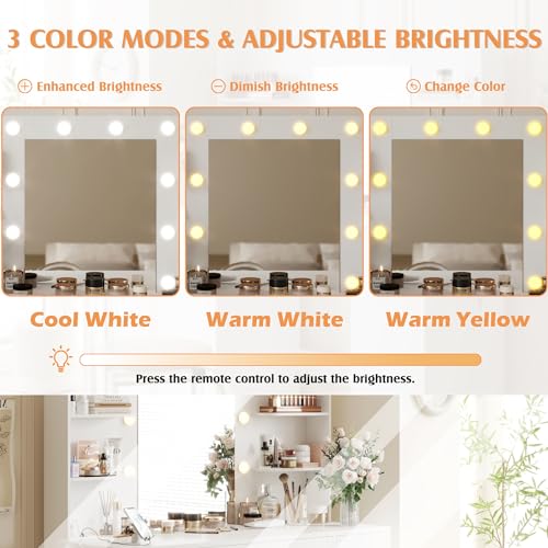 Vanity Desk with Lighted Mirror, 7 Drawers, and Power Outlet - White