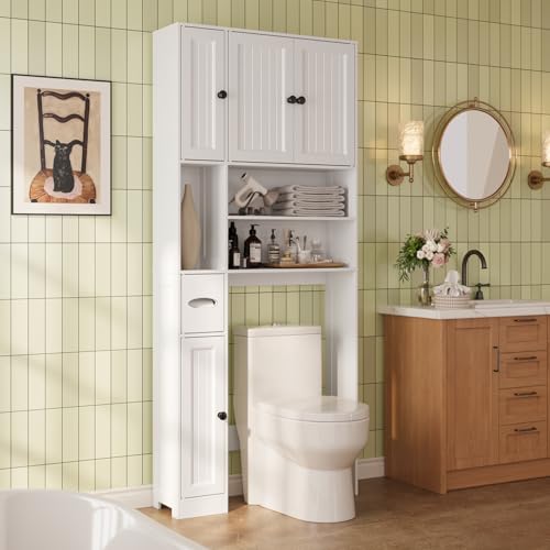 Over Toilet Storage Cabinet with 5 Doors and Adjustable Shelves, White Bathroom Organizer