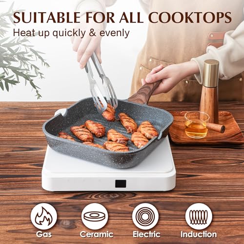 Nonstick Square Grill Pan for Stove Tops - 9.5 Inch Induction Skillet