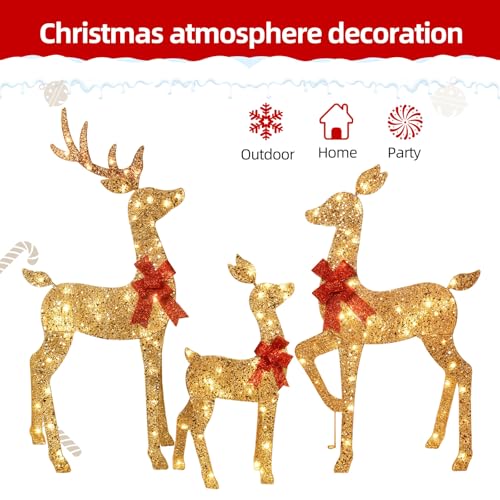 HOYECHI 4FT Gold 3-Piece Lighted Christmas Reindeer Family Set with 145 LED Lights