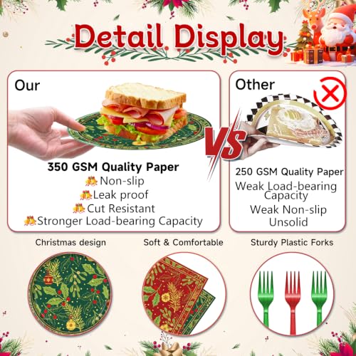 Holly Leaf Red Berry Christmas Paper Plates & Napkins Party Set - Serves 24