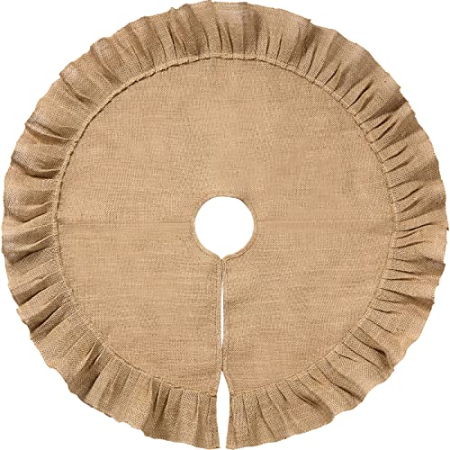 Rustic Burlap Christmas Tree Skirt with Ruffled Edge - 19.7 Inch Linen Base Cover