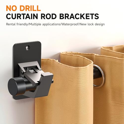 No-Drill Curtain Rod Brackets - Adhesive Wall Hooks, 4 Pack, Black