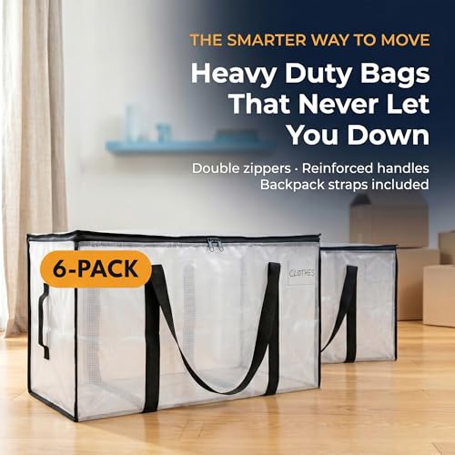 Heavy Duty Moving Bags with Backpack Straps and Zippers 6-Pack Clear