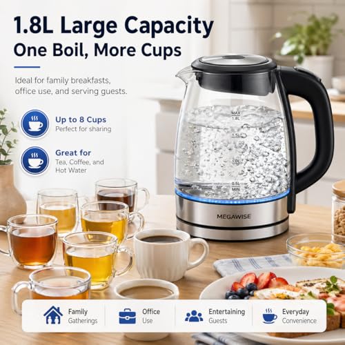 1.8L Electric Glass Kettle with Stainless Steel Base and Auto Shut-Off