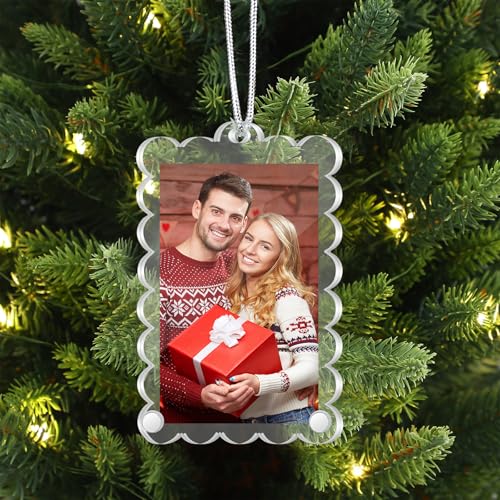 Bucherry 6 Pack Christmas Clear Acrylic Photo Frame Ornaments 2"x 3" Mini Hanging Picture Frame Ornaments Small Wave Scalloped with String for Christmas Tree Photo Decoration Xmas Party