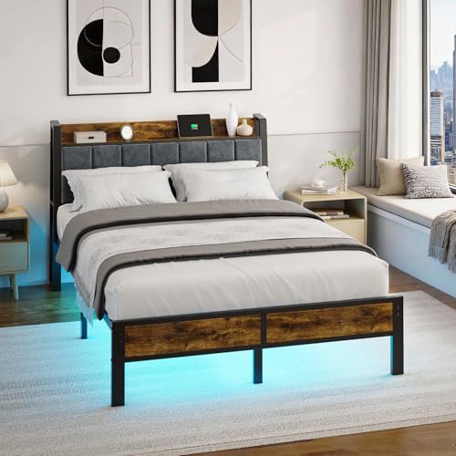 Full Size Platform Bed Frame with LED Lights and Charging Station