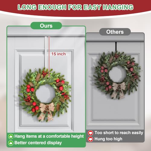 Heavy-Duty 15-Inch Reversible Wreath Hanger Over the Door Hooks - White, 2 Pack