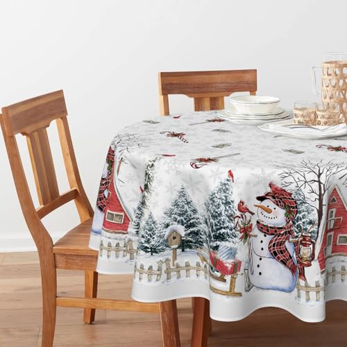 Horaldaily White 70 Inch Round Christmas Tablecloth Snowman House Winter Decor