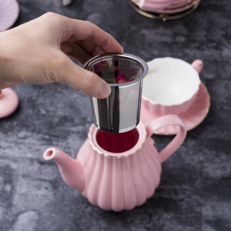 Jusalpha Pink Tea Set for 4 - 17-Piece Coffee & Tea Service with Cups, Saucer, Teapot, Sugar Bowl, Creamer & Accessories - Serve in Style